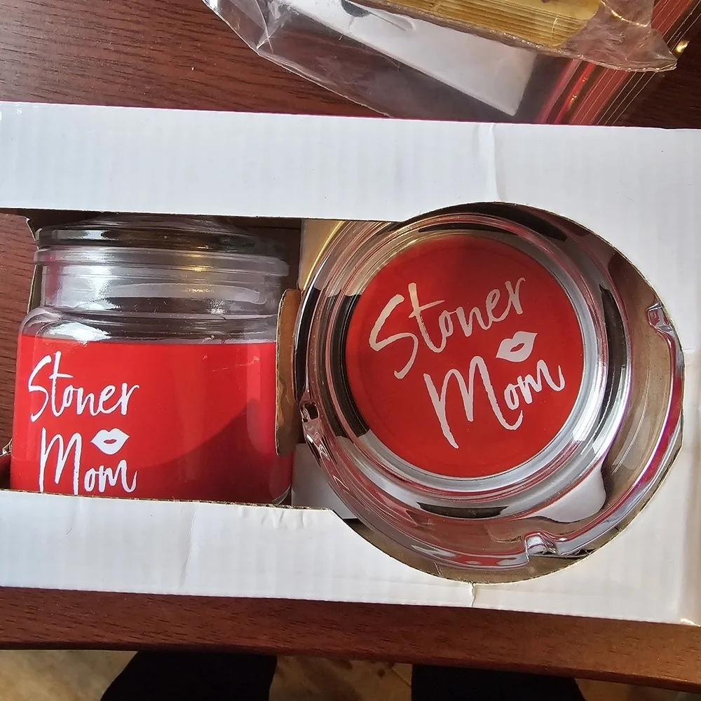 Red Stoner Mom Ashtray & Stash Jar Set